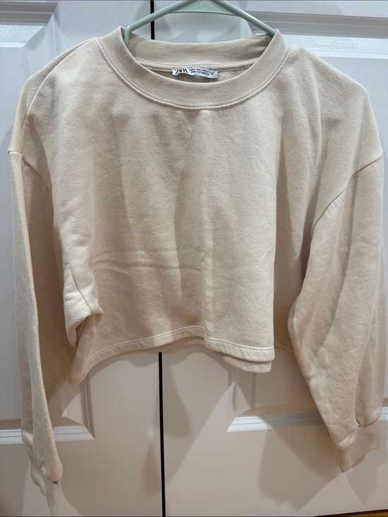 Zara Tops - Zara Beige Cropped Crewneck Sweatshirt